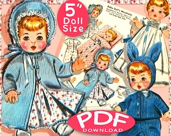 May include: A PDF pattern for a 5-inch baby doll layette. The pattern includes 12 pieces of clothing, including a dress, coat, and bunny hat. The pattern is illustrated with drawings of dolls wearing the clothing.