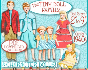 Puede incluir: Un patrón PDF vintage para hacer muñecas de papel de una familia. Las muñecas están vestidas con ropa colorida y miden de 5 a 23 cm. El texto dice "The Tiny Doll Family" y "Doll Sizes 2 to 9" y "circa 1940's". El patrón también incluye muñecas de personajes.