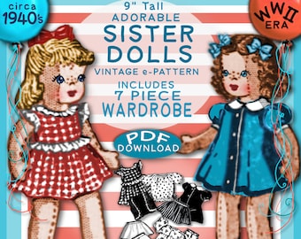 SISTER DOLLS PDF 9" 1940s Cloth Doll ePattern Vintage 7 pc Clothing Set  Mid Century Old Mail Order epattern Pdf