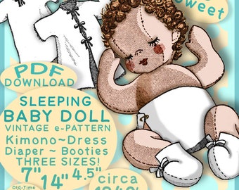 SWEET BABY DOLL e pattern 14" 7"  4.5" inch Dolls Vintage 1940s Cloth Sleeping Babydoll and Clothing 3 Sizes old Mail Order epattern Pdf