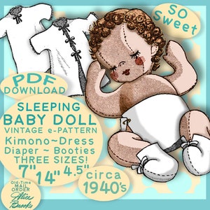 SWEET BABY DOLL e pattern 14&quot; 7&quot;  4.5&quot; inch Dolls Vintage 1940s Cloth Sleeping Babydoll and Clothing 3 Sizes old Mail Order epattern Pdf