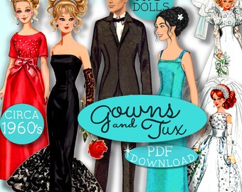 1960er Jahre Modepuppe Kleid Tux PDF Schnittmuster für 11.5" Barbie, Tammy, Sindy CLEAR Grundschnitt aktualsiert