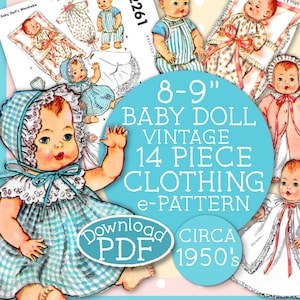 8-9 inch Baby Doll 14 pc Wardrobe Doll Clothes Vintage e Pattern Ginette PDF Dress Bonnet Coat PJs Overalls Shirt Slip Panties 2261 PDF