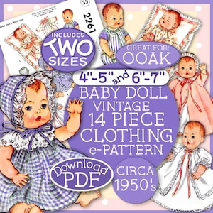 4-5 inch AND 6-7 inch OOAK BABY 14 pc Wardrobe Doll Clothes Vintage e Pattern Pdf Dress Bonnet Coat PJs Overalls Shirt 2261  Polymer Clay