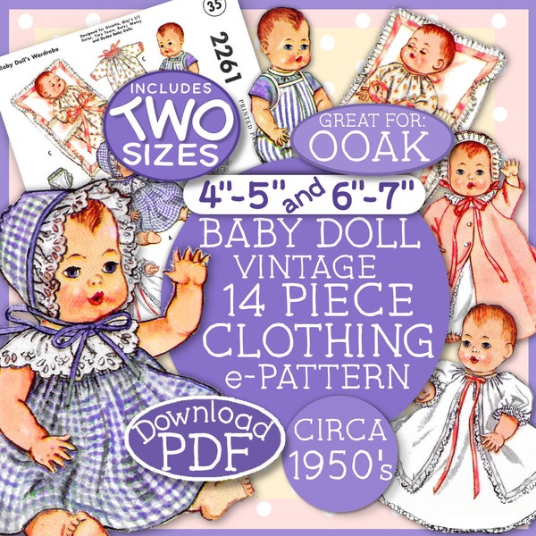 4-5 inch AND 6-7 inch OOAK BABY 14 pc Wardrobe Doll Clothes Vintage e Pattern Pdf Dress Bonnet Coat PJs Overalls Shirt 2261  Polymer Clay