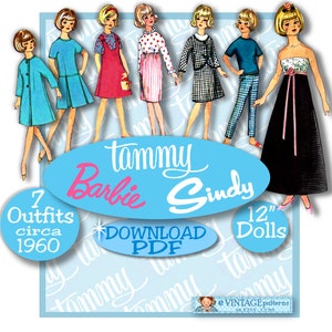 12&quot; Doll Clothes PDF 6244 -Barbie Tammy Sindy Prom Gown Suit Jumper Coat Top Dress Pants Tee Dress 1950 - 60 vintage e-Pattern