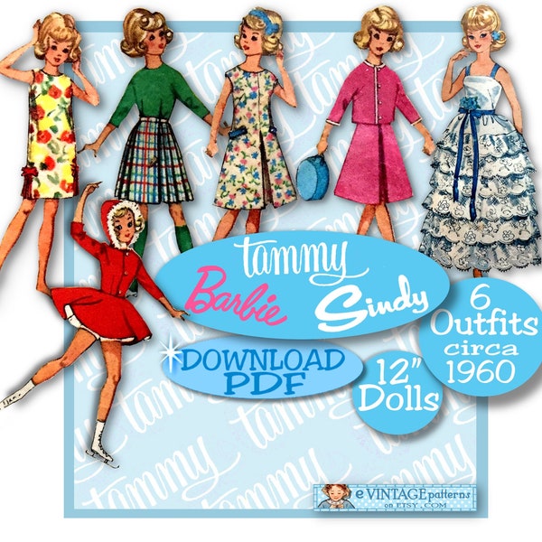 Tammy 12" Doll Clothes PDF 5214 -Skater Oufit, Gown, Kilt, Suit, Dresses, Coat, Tops, PDF Barbie e-pattern download PDF