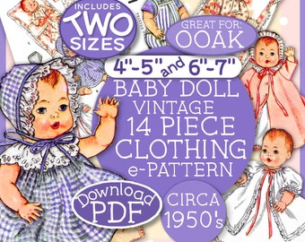 May include: Vintage baby doll clothing pattern for 4-5 inch and 6-7 inch dolls. The pattern includes 14 pieces of clothing and is for dolls with OOAK (one of a kind) features. The pattern is a digital download in PDF format and dates back to the 1950s.