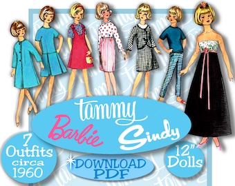 12" Doll Clothes PDF 6244 -Barbie Tammy Sindy Prom Gown Suit Jumper Coat Top Dress Pants Tee Dress 1950 - 60 vintage e-Pattern