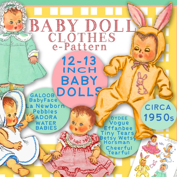 BITTY BABY Doll 13 inch Wardrobe epattern Vintage 1950s Bunny Eared Sleeper, Dress & Coat, Sun Dress  Bonnet pattern Pdf  Download