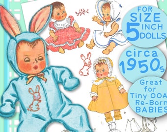 May include: Vintage sewing pattern for making clothes for 5 inch dolls. The pattern includes a bunny-eared baby outfit, a dress, a coat, and a bonnet. The pattern is circa 1950s and is great for Tiny OOAK Re-Born babies.
