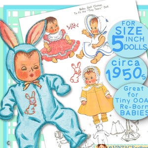 SWEET 5 inch PDF Tiny Baby Doll Wardrobe epattern Vintage 1950s Bunny Ear Sleeper, Dress & Coat, Sun Dress 2 Bonnet pattern Download OOAK