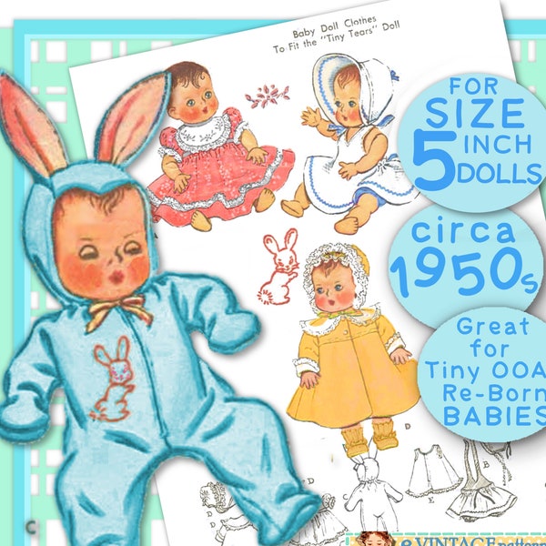 SWEET 5 pulgadas PDF Tiny Baby Doll Armario epattern Vintage 1950s Bunny Ear Sleeper, Vestido & vestido, vestido de sol 2 patrón de gorros Descargar OOAK