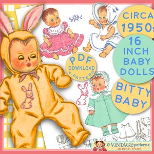 BITTY BABY Doll 16 inch Wardrobe epattern Vintage 1950s Bunny Eared Sleeper, Dress & Coat, Sun Dress 2 Bonnet e pattern Pdf  Download AG