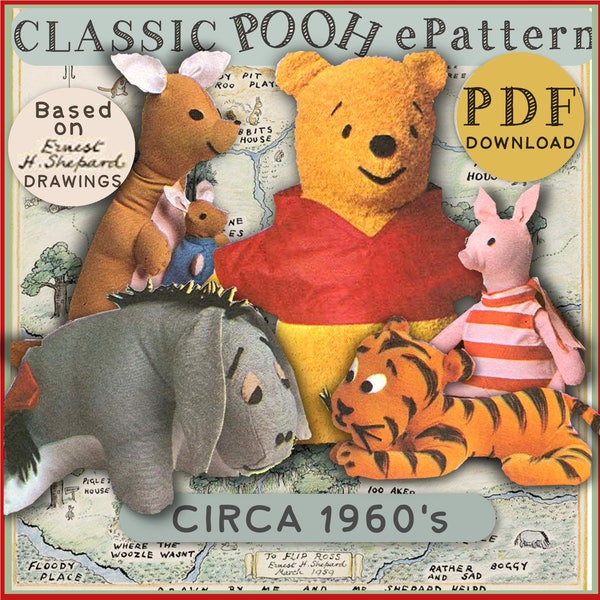WINNIE l'ourson patron PDF vintage Sew Make Stuff Pooh Tigrou Roo Porcinet Bourriquet téléchargement epattern
