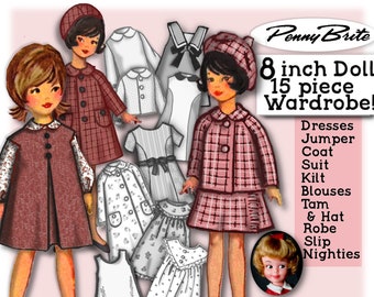 8" Doll 15 pc wardrobe ePatterns PENNY BRITE vintage 60s Fits 8 inch Slim Doll like Ten Ping Clothing PDF  2 Mail Order Patterns for 1