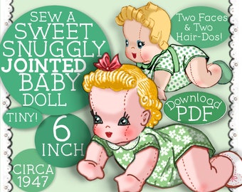 Tiny BABY DOLL e-pattern 6" inch Dolls Vintage 1940s BoY GiRL Cloth CrAwLiNg Babydoll Romper Clothes PDF pattern OoAk body