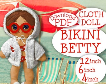 Cartamodello per bambola di stoffa Vintage Bikini Betty (PDF) con copricostume, felpa e occhiali