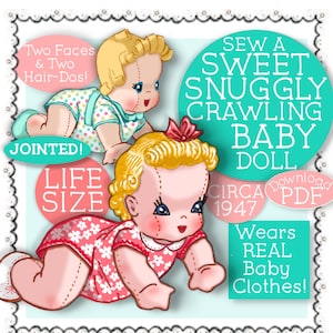 Puede incluir: Un patrón de costura vintage para un muñeco de bebé que se arrastra de tamaño natural. El patrón presenta dos caras y dos peinados, y el muñeco está diseñado para llevar ropa de bebé real. El patrón es de alrededor de 1947 y está disponible como PDF descargable.
