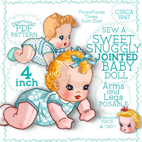 Wee BABY DOLL e-pattern 4-5" inch Dolls Vintage 1940s BoY GiRL Cloth CrAwLiNg Babydoll Romper Clothes PDF pattern OoAk body