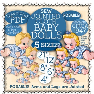 May include: Sewing pattern for five sizes of jointed cloth baby dolls, ranging from 4 inches to 21 inches. The pattern includes two faces and two hairdos. The dolls are posable with jointed arms and legs. Vintage pattern from circa 1947.