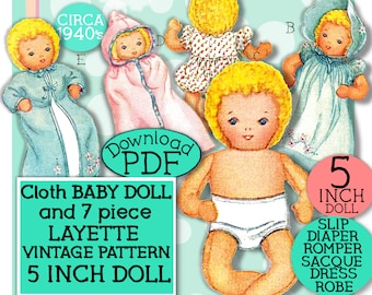 May include: A vintage pattern for a 5-inch cloth baby doll and 7-piece layette. The pattern includes a slip, diaper, romper, sacque, dress, and robe. The pattern is from circa 1940s. Download PDF.