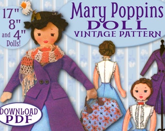 SEW a MARY POPPINS Doll 4", 8" and 17" vintage pattern homemade epattern download cape-coat skirt hat tapestry bag blouse boots scarf