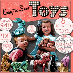 May include: A vintage sewing pattern for 8 jointed toys, including a girl and boy elephant, kangaroo, pig, bunny, penguin, and pony. The pattern is from circa 1940's and includes 3 sizes: 10", 6", and 4".