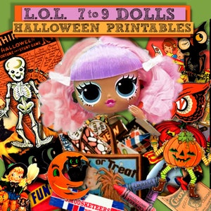 Może przedstawiać: Kolorowy kolaż obrazów z motywem Halloween, w tym lalka LOL Surprise, szkielet, czarny kot, dynia i sowa. Tekst "L.O.L. 7 to 9 DOLLS HALLOWEEN PRINTABLES" znajduje się w górnej części obrazu.