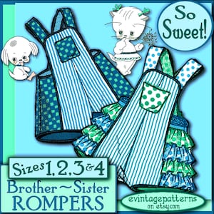 Puede incluir: Patrón de costura vintage para peleles de hermano y hermana en tallas 1, 2, 3 y 4. Los peleles presentan tela a rayas azules y blancas, con detalles de lunares y cuadrados verdes y azules. La imagen incluye ilustraciones de dibujos animados.