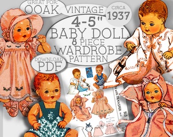 4-5 inch TINY Baby Doll 8pc Wardrobe Doll Clothes Vintage Pattern Dress Bonnet Kimono Sun Suit Booties  Slip PDF 513 download epattern