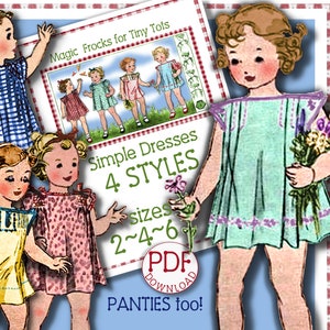 SWEET DRESS & Panties Sz 2, 4, 6  FOUR Dresses Variations Vintage 1930 pattern Pdf download Simple Easy girl child toddler frock epattern