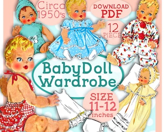 Op de afbeelding: Een vintage babypop garderobe patroon uit de jaren 1950. Het patroon bevat 12 onderdelen voor een pop die 28-30 cm lang is. Het patroon is beschikbaar als digitale download.