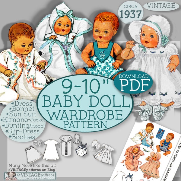 9-10 inch Baby Doll 8pc Wardrobe Doll Clothes Vintage Pattern Dress Bonnet Kimono Sun Suit Booties PDF 513 download epattern