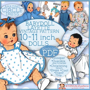 Baby Doll 10-11 inch Wardrobe Doll Clothes Vintage Pattern PDF CIRCLE Dress Coat PJs Overalls Christening Hat Slip 8800 download epattern