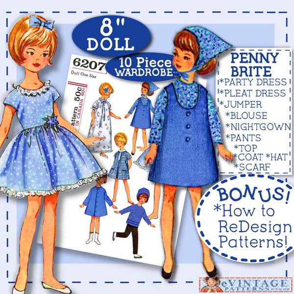 8" Doll Clothing ePattern Penny Brite vintage 60s fits TEN PING and friends Dresses Jumper Pants Blouse Hat Coat Nighgown Top Dress 6207