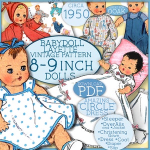 8-9 inch Baby Doll 8pc Wardrobe Doll Clothes Vintage Pattern PDF CIRCLE Dress Coat PJs Overalls Christening Hat Slip  8800 download epattern