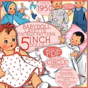 Baby Doll 5 inch 8pc Wardrobe Doll Clothes Vintage ePattern PDF CIRCLE Dress Coat PJs Overalls Christening Hat Slip 8800 OOAK download
