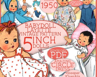 May include: Vintage pattern for making 5 inch baby dolls. The pattern includes instructions for making a sleeper, overalls and jacket, christening gown, dress, coat, diaper and slip. The pattern is circa 1950 and is a PDF download.