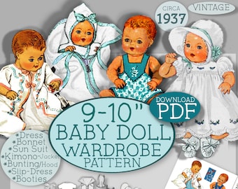 Op de afbeelding: Vintage patroon uit 1937 voor een 9-10 inch babypop garderobe. Het patroon bevat instructies voor het maken van een jurk, een muts, een zonpak, een kimono jas, een deken/kap, een slipjurk en slofjes. Download PDF.
