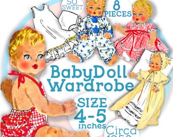 May include: A vintage sewing pattern for a baby doll wardrobe. The pattern includes eight pieces and is designed for dolls that are 4-5 inches tall. The pattern is from circa 1950s and includes a dress, a pair of pajamas, a bonnet, and a robe.