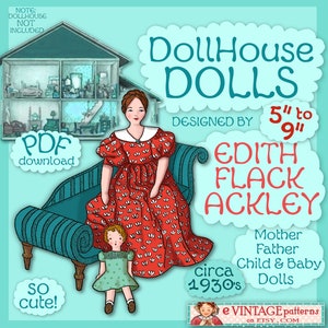 Make DOLLS Wired for Dollhouse 1930's Edith Flack Ackley Vintage E-Pattern PDF Download Sew Posable Miniature 5 to 9 cloth dolls image 1