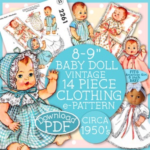 Peut inclure: Patron de couture vintage pour poupée de 8-9 pouces, comprenant 14 pièces.  Le patron date des années 1950 et comprend une variété de tenues, dont des robes, une chemise de nuit et une couche.  Le patron est imprimé sur papier et comprend des instructions pour coudre les tenues.