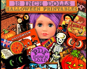 May include: A collage of vintage Halloween images, including a clock, pumpkins, a skeleton, an owl, and a black cat. The images are arranged around a purple-haired doll with blue eyes. The text "18 INCH DOLLS HALLOWEEN PRINTABLES" is at the top of the image. The text "PDF DOWNLOAD" is in a purple circle in the center of the image.