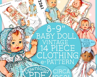 PDF-Schnittmuster für Babypuppenkleidung im Vintage-Stil der 1950er Jahre, Kleiderschrank für 8-9 Zoll große Puppen