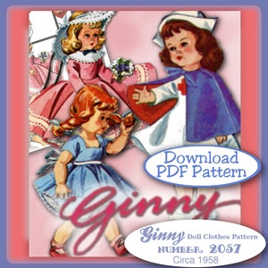 Puede incluir: Un patrón vintage de ropa de muñeca para muñecas Ginny. El patrón es para un atuendo de enfermera y es el número 2057. El patrón es de alrededor de 1958. La imagen muestra tres muñecas con diferentes atuendos. Las muñecas llevan vestidos rosas, azules y blancos. Todas las muñecas sonríen.