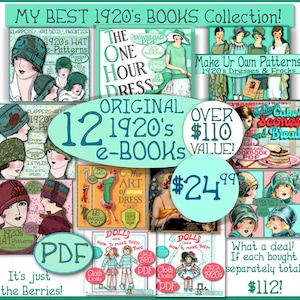 May include: A digital collection of 12 e-books featuring 1920s fashion, hat patterns, dress designs, and doll-making guides. The image displays various book covers with illustrations of women in period clothing, hats, and text including PDF labels.
