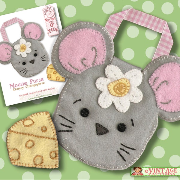 6 SWEET Animal FELT PURSES - Lamb Doggie Kitty Piggy Mousie and Bunny Cell Phone holder Lined Change Purse too- e-pattern Pdf download