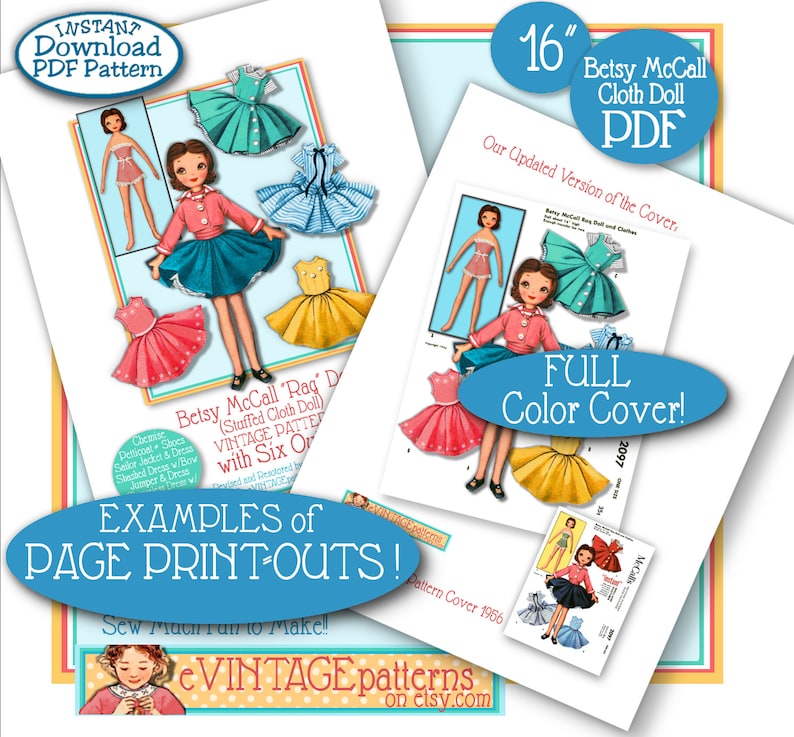 Pu&ograve; includere: Un modello vintage di bambola di stoffa Betsy McCall da 40,6 cm con sei abiti. Il modello include una copertina a colori e esempi di stampe di pagina. Il modello &egrave; disponibile per il download immediato in formato PDF.