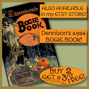 May include: A vintage Halloween book cover featuring a spooky tree with a black cat, a pumpkin, and the text "Dennison's Bogie Book". The cover is orange and black with a white background. The book is available in the seller's Etsy store.